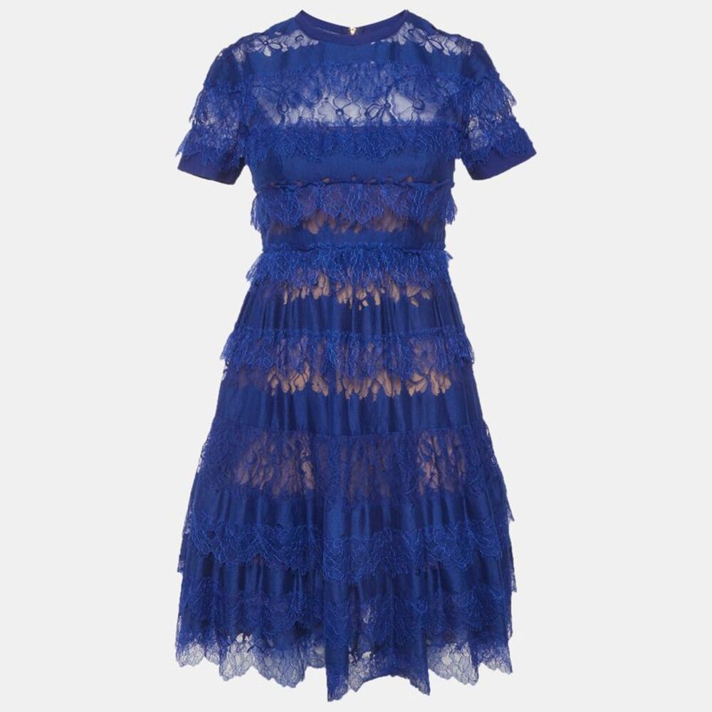 Elie Saab Blue Lace Tiered Mini Dress S